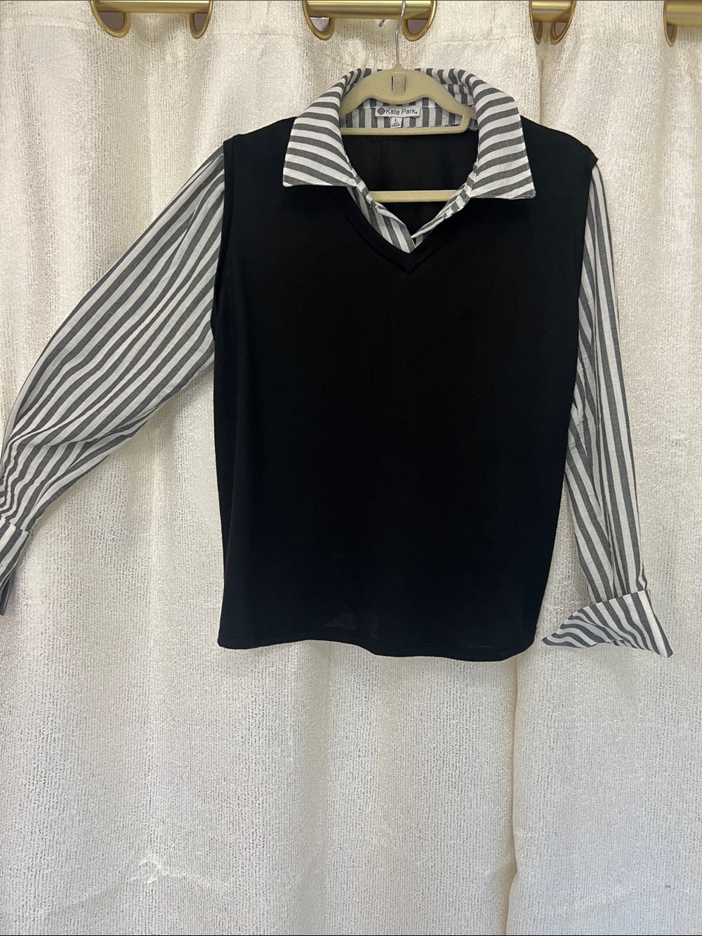 Striped Collar Long-Sleeve Blouse with Black Vest Layer